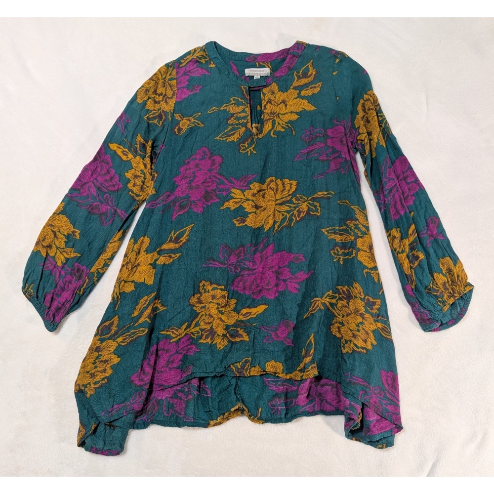 World Market Floral Tunic Top Keyhole Neckline Long Sleeve Green Purple S/M